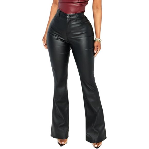 Women 1 Black Faux PU High Waist Straight Leg Leather Leggings Bell Bottom Pants